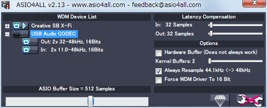 ASIO4ALL 2.13 USB Audio CODEC、Status : Idel、Advanced Options