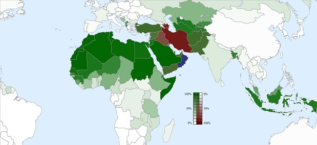 国ごとのイスラム教の分布。緑系はスンナ派、赤紫系はシーア派、青はイバード派