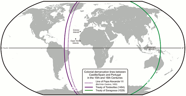 トルデシリャス条約（紫）とサラゴサ条約（緑）の境界線