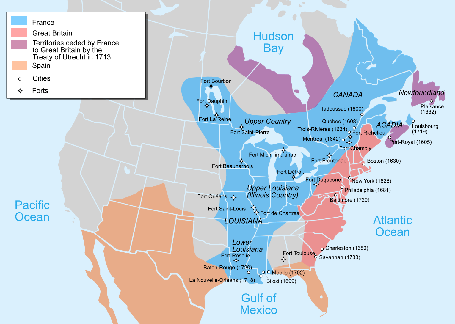 1750年当時の北アメリカと各国の勢力図。ピンクと紫がイギリス領、青がフランス領、オレンジがスペイン領である。