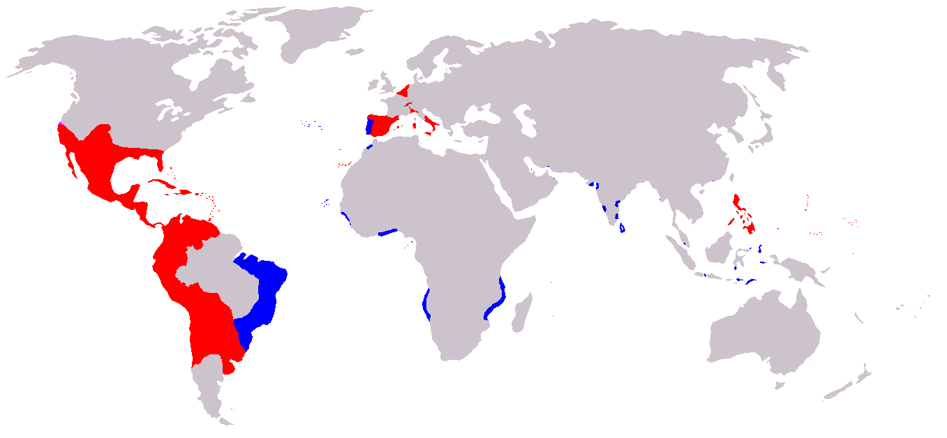 黄金の世紀におけるスペイン帝国（赤はスペイン王国、青はポルトガル王国）の領土、植民地、属領（1580年-1640年）