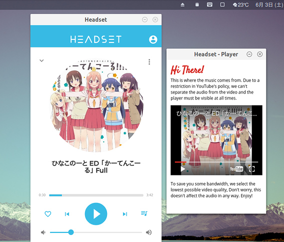 Headset Ubuntu YouTube 音楽プレイヤー 動画ウィンドウ