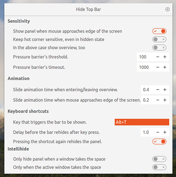 Hide Top Bar Ubuntu GNOME 拡張機能 トップバー 自動的に隠す オプション