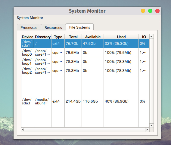 System Monitor Ubuntu システムモニタ ファイルシステム
